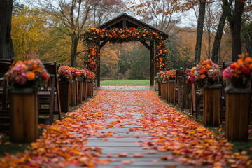 "Wooden walkway lined with fall leaves leading to a ceremony."