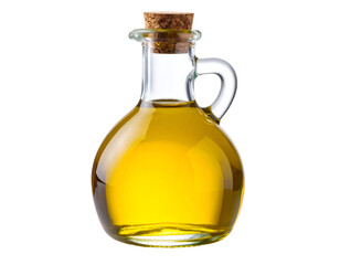 Glass oil bottle with cork stopper containing olive oil. Transparent background