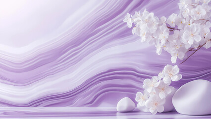 Pastel purple and white stone marble display set for product background decorate with white flower