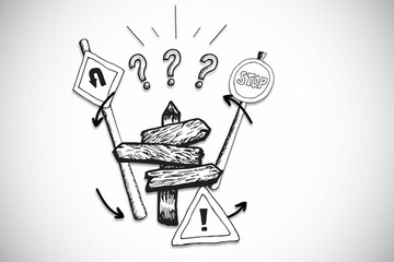 Black-and-white sketch is showing wooden signpost with traffic signs, question marks and arrows