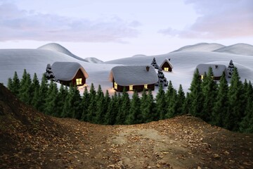 Digitally generated Cute village in the snow