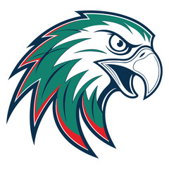 Stylized eagle head with unique teal, red, and navy color scheme looks fierce
