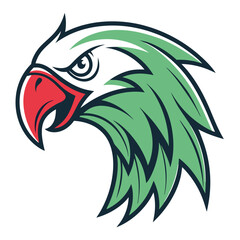 Illustrated eagle head showing a serious expression, features green plumage, red beak and is outlined in dark blue