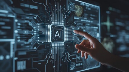 Hand interacting with ai circuit board display
