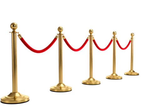 Gold stanchions with red ropes in a row for crowd control. Transparent background - Powered by Adobe