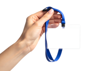 Hand holding an empty name tag with blue strap. Transparent background