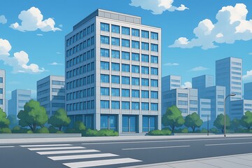 Stylized modern cityscape featuring sleek office buildings, a clear blue sky, and well  maintained streets.