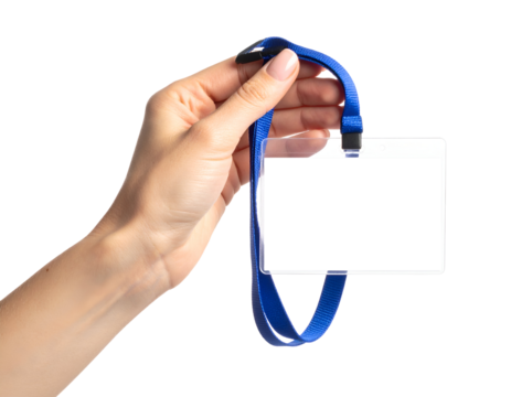 Hand holding an empty name tag with blue strap. Transparent background