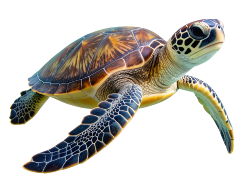 Top View of Juvenile Green Sea Turtle Mid-Glide with Rear Flippers Trailing, Transparent Background