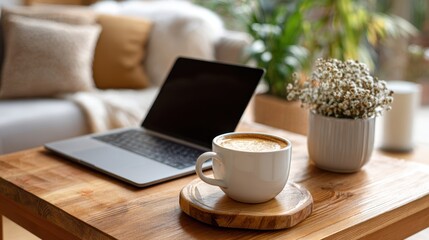 Cozy Home Workspace with Laptop and Coffee Cup on Wooden Table Surrounded by Green Plants