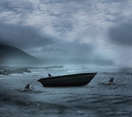 Sail boat being circled by sharks
