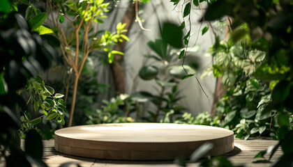 Lush greenery surrounds a circular wooden display platform, ideal for product showcasing or nature photography.