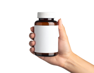 Hand holding a bottle with blank label for customizable design. Transparent background