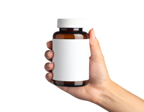 Hand holding a bottle with blank label for customizable design. Transparent background