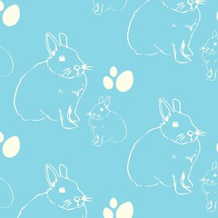 Seamless flat design pattern is showing white rabbit lines with oval shapes on sky blue background