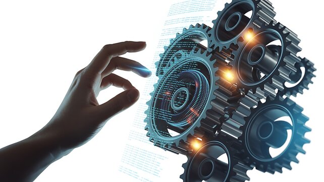 Hand interacting with digital gears and code