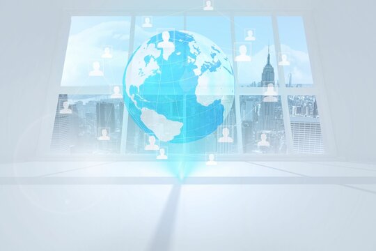 Flat design holographic globe is floating in modern office space, with user icons and network lines