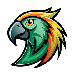 Green parrot head shows feathered plumage in tones of orange, yellow, and gold