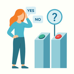 Flat Woman Confused Between Choice Options, Thinking About Question Illustration