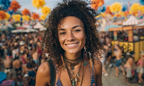 Happy young woman with afro hairstyle attending summer music festival. Smiling girl enjoying event in the crowd