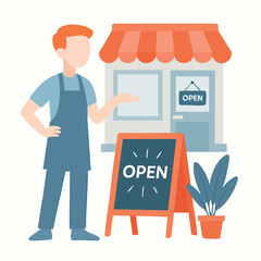 Flat Style Friendly Man Standing Front of Shop Illustration