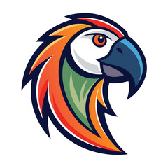 Colorful parrot head profile showcasing vibrant plumage and dark beak in a distinctive style