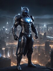 Fototapeta premium Futuristic Superhero in Majestic Full-Body Armor Against Night Cityscape
