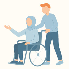Fototapeta premium Flat Illustration Caregiver Pushing Wheelchair With Disabled Person Healthcare Concept