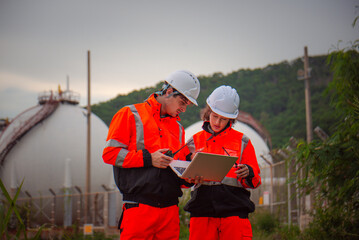 Petroleum Engineer working at the oil refinery industry plant, discuss and meeting brainstorm session