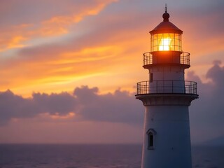 Lighthouse tower captured from the middle to the top, glowing warmly at sunset with soft ocean horizon. Ideal for travel themes, coastal guides, and maritime safety illustration