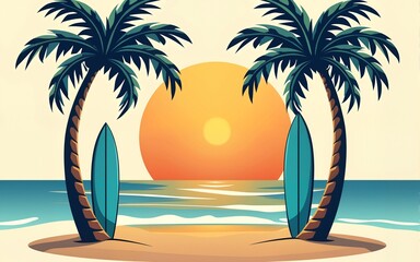 Surfboards under the palm trees, vector beach surfing round design. High quality