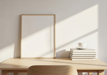 Blank Vertical Wooden Frame Mockup on a Desk with Books and Coffee