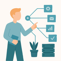 Flat Illustration Man Presenting Data Flowchart Concept on White Background