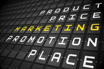 Marketing buzzwords on black mechanical board