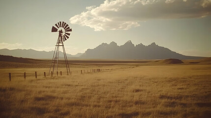 Windmill in Field with Mountains