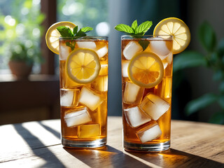 Close-up of a cold glass of iced tea and lemonade in wooden table. Special Summer Drink. Ai Generative