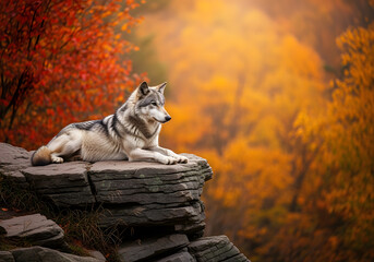 Gray Wolf Resting on Rocky Outcrop in Autumn Forest, Symbolizing Wildlife Conservation and Natural Beauty for Environmental Awareness Campaigns