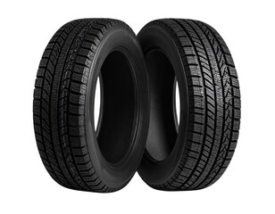 Two Snow Tires Leaning Together at an Angle with Shadow Depth, Side View, Transparent Background