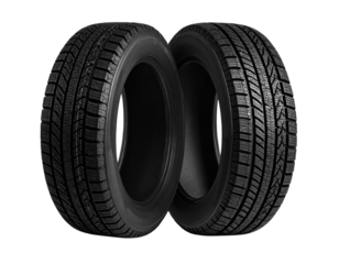 Two Snow Tires Leaning Together at an Angle with Shadow Depth, Side View, Transparent Background