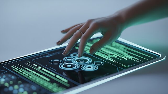 Woman s hand interacting with futuristic tablet interface