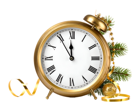 Golden clock with Christmas decoration and ribbon