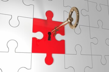 Red puzzle piece with keyhole is showcasing gold key on glossy white puzzle in 3D render