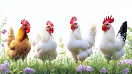 Fototapeta premium Four colorful chickens standing in field of flowers, showcasing their vibrant feathers and playful expressions