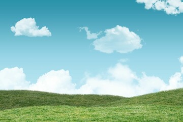 Flat design illustration showing rolling grassy hills with scattered white clouds in blue sky