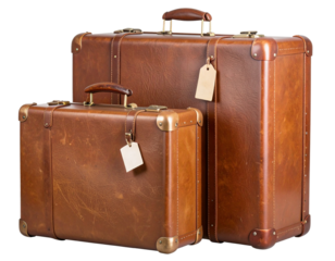 Two Vintage Suitcases Leaning Together with Travel Tags, Side View, Transparent Background
