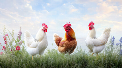Fototapeta premium Three chickens stand proudly lush green field, surrounded by colorful flowers bright sky. Their vibrant feathers and lively expressions create