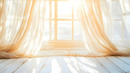 Window with Sunlight and Beige Curtains