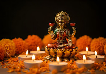 Golden goddess lakshmi idol sitting in a lotus pose surrounded by burning tea lights and orange flowers