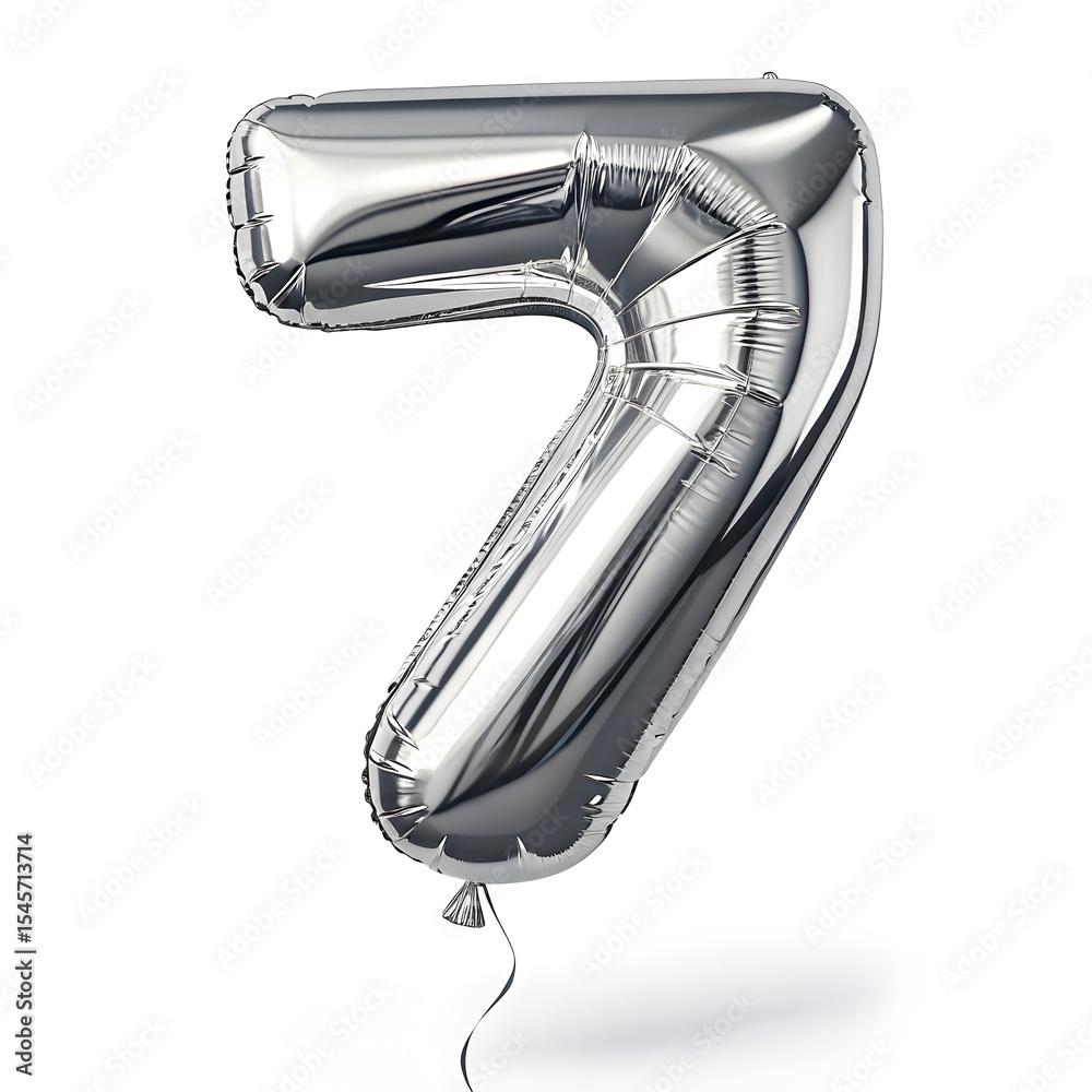 Fototapete a balloon shaped like the number 7 ,silver metallic finish with realistic reflections and smooth tex