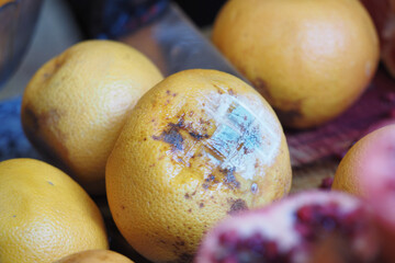 moldy citrus fruits displayed at market 